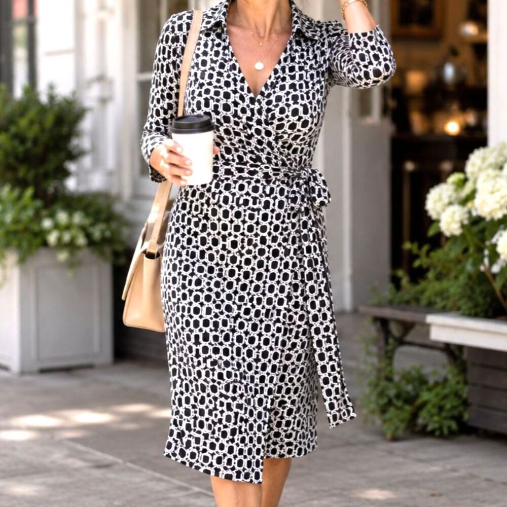 Black White Geometric Wrap Dress, S, Career, Office Chic, Laundry by Design